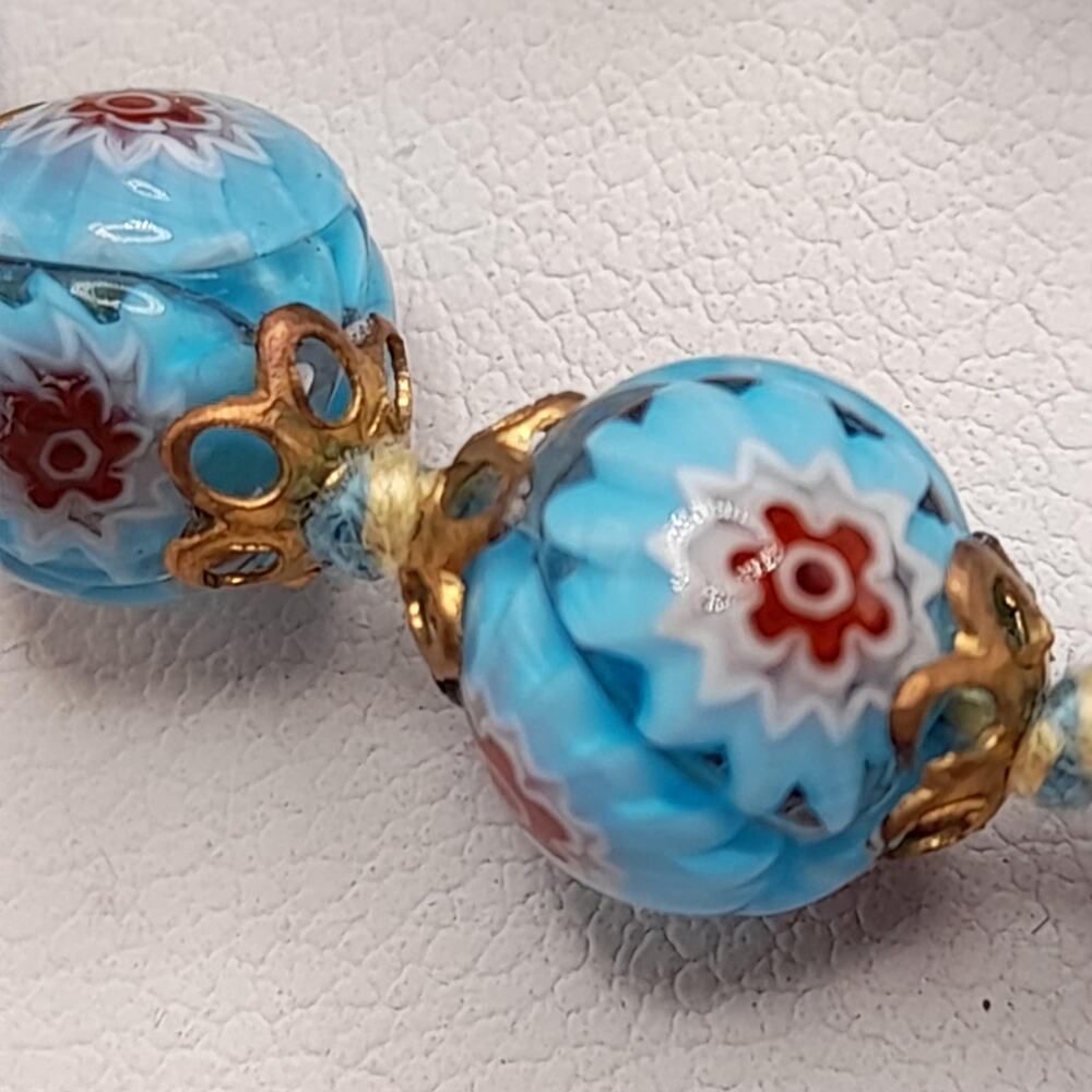 Vintage Murano Millefiori Blue Glass Bead Necklace 24” Wedding Cake